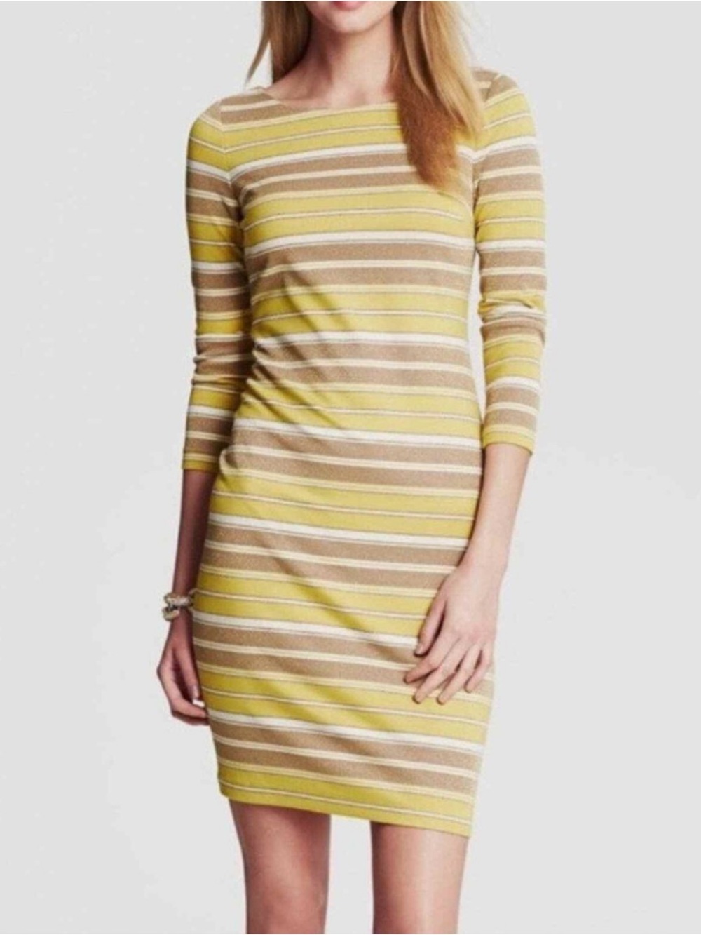 Banana Republic Striped Mini Sheath Dress Stretch Gold Yellow White Retro Size 8